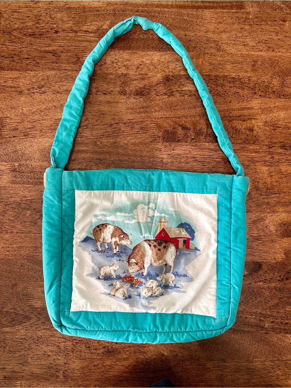 Vintage Quilted Tote Bag, Pig Family on a Farm